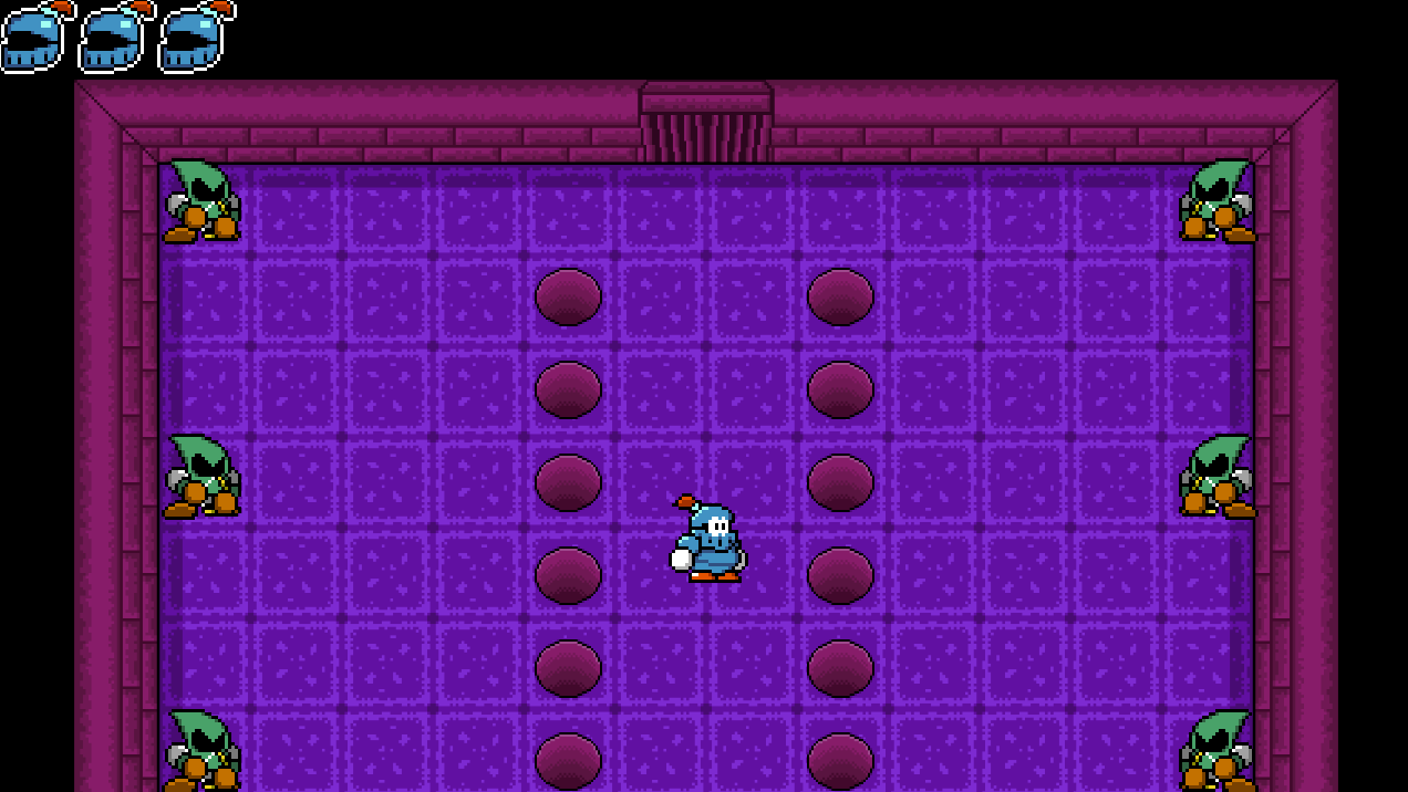 A knight in blue armour stands in a purple dungeon room between two rows of pillars, green-hooded goblins lining both walls.