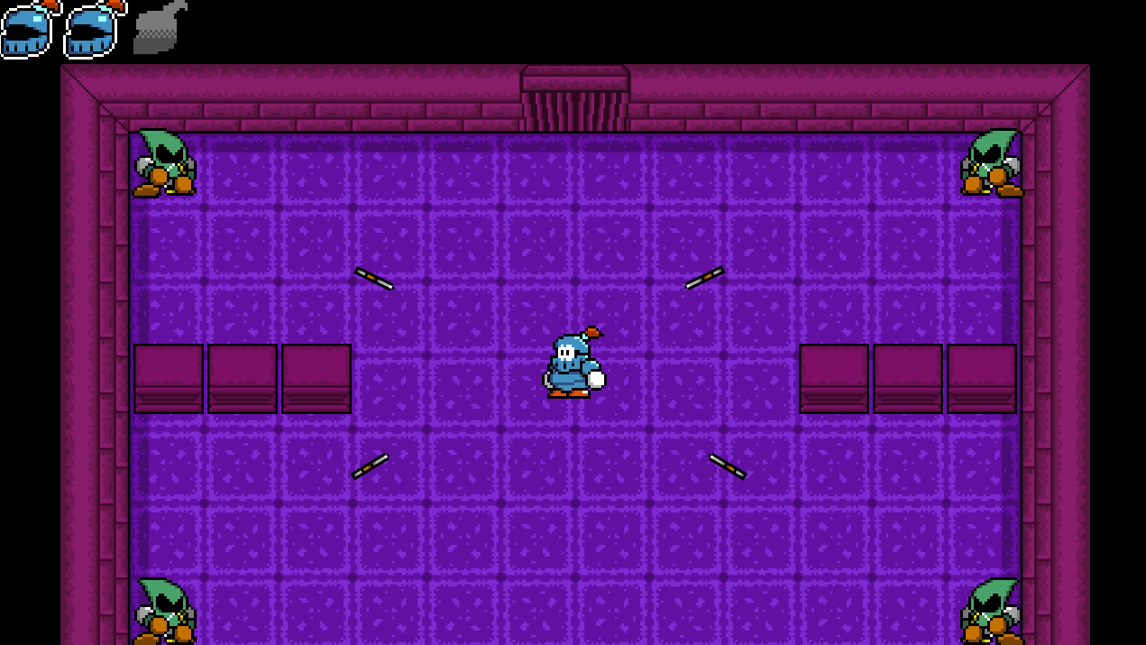 Goblins at the walls throw spears across the room at the knight, who has lost one of three helmet lives.