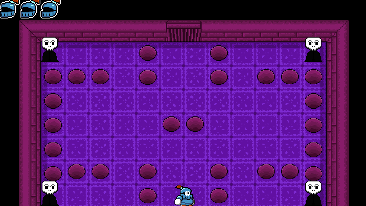 The knight enters a room ringed with pillars, a skull-faced reaper standing in each corner.