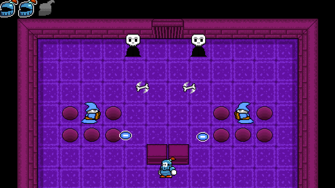 Two blue wizards fire glowing orbs and two reapers throw bones as the knight advances between barricades.
