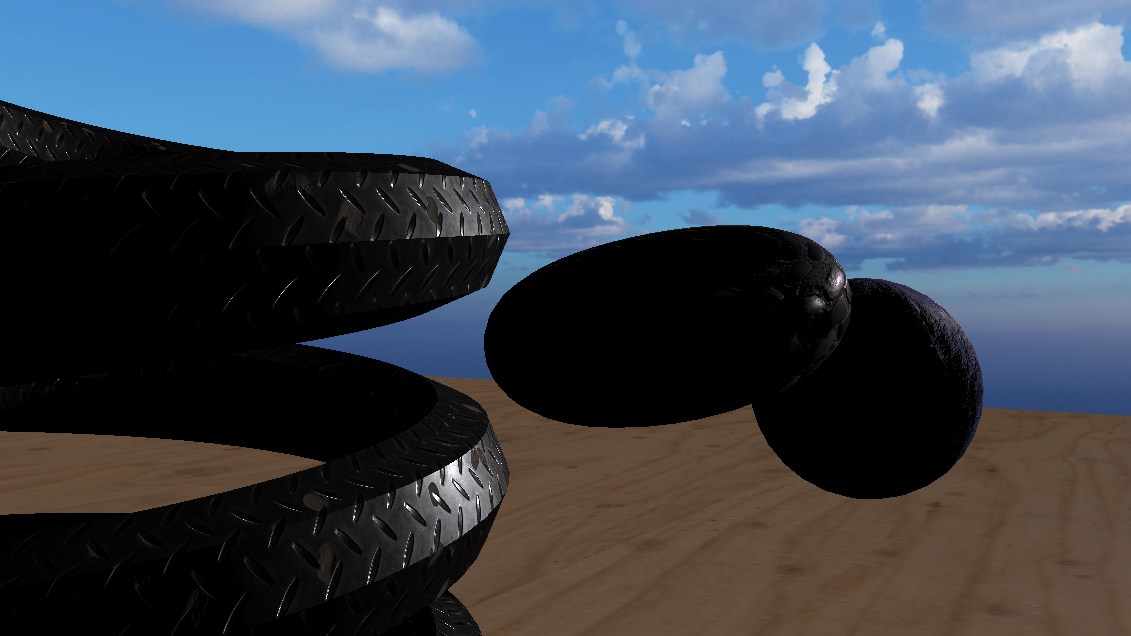 Close-up of a normal-mapped diamond-plate spring beside two dark spheres, against a cloudy sky.