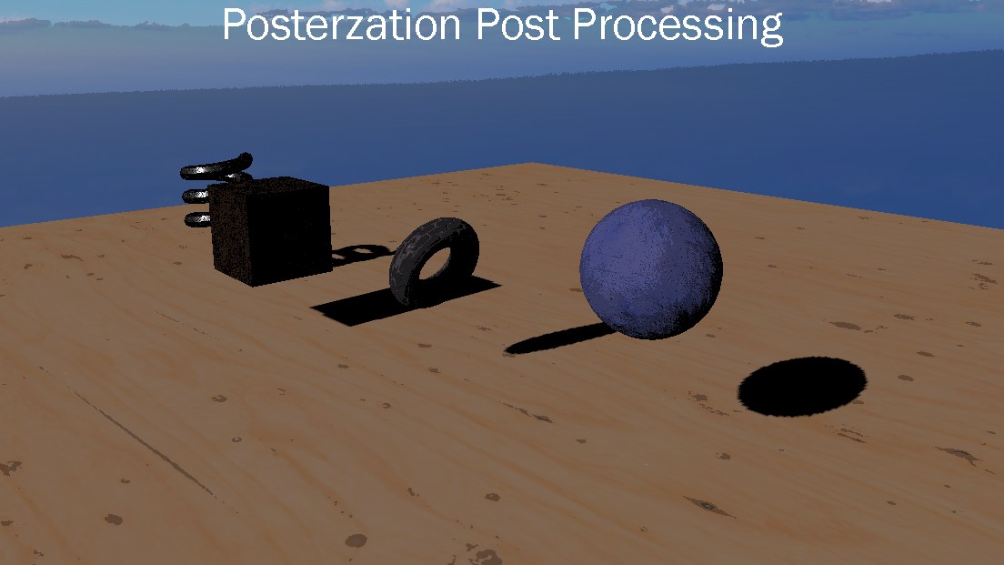 The scene run through the posterization post-process, its colours reduced to flat bands, captioned.