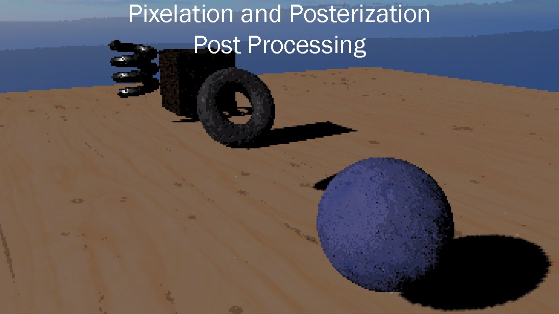 Pixelation and posterization combined on a close view of the torus and the sphere, captioned.