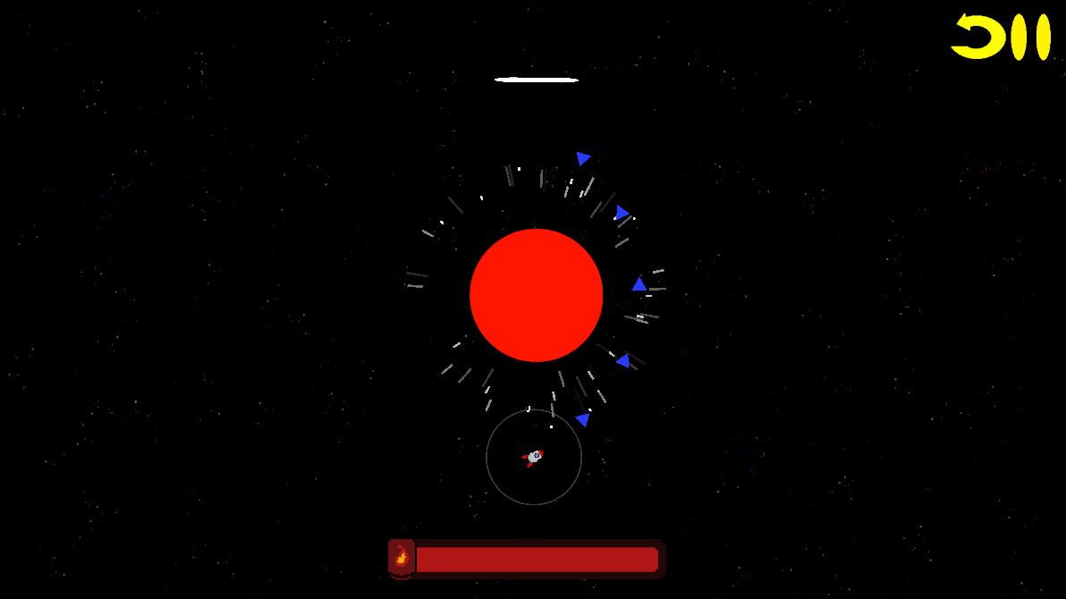 A small rocket inside the gravity ring of a red planet, blue arrows marking its orbit, with the fuel bar at the bottom of the screen.