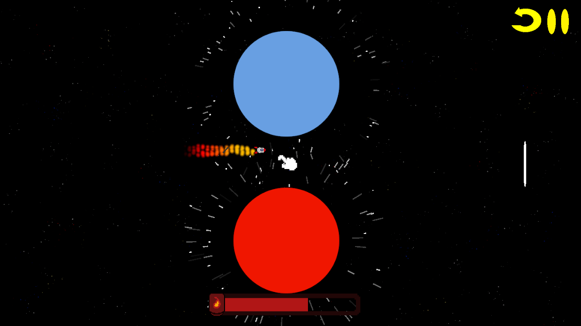 The rocket boosts between a blue planet and a red one, exhaust trailing, while a pointing hand shows the player where to drag.