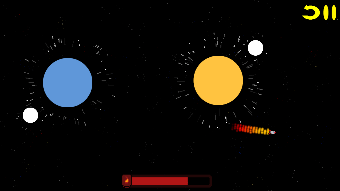 The rocket passes a yellow planet with a white moon in orbit, a blue planet and its own moon off to the left.