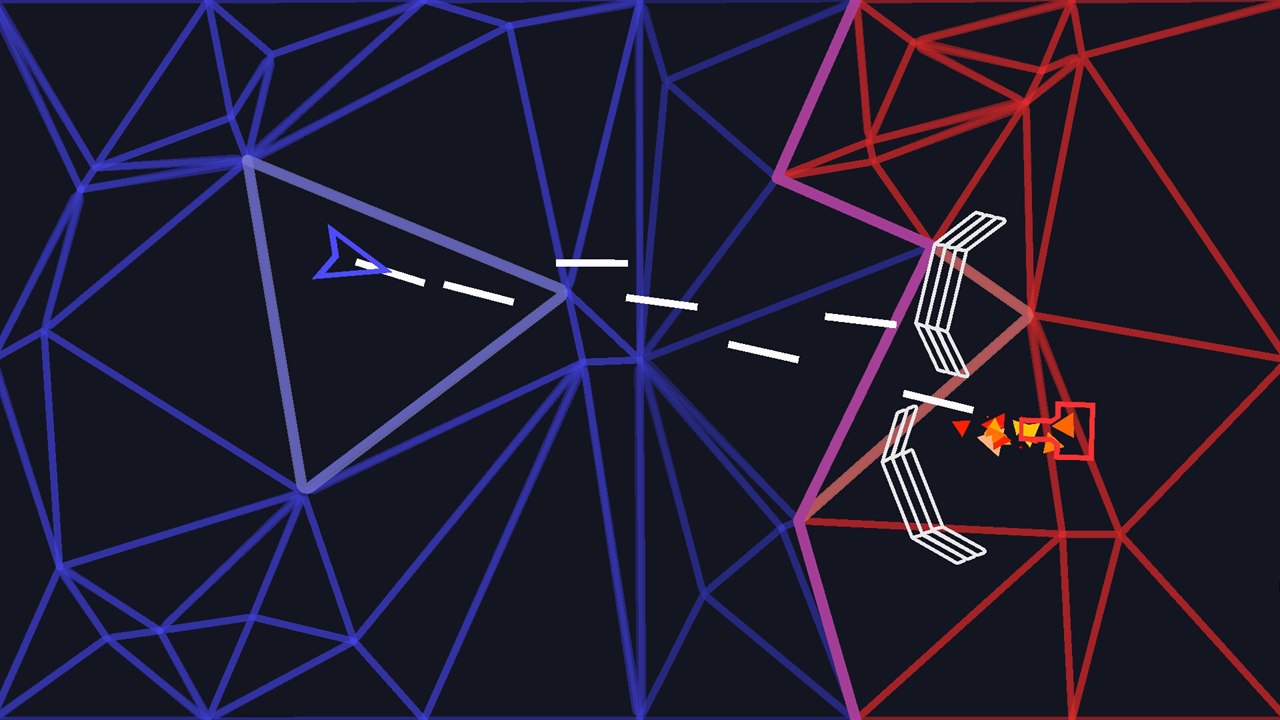 A blue territory and a red one meeting at a contested purple boundary. The blue ship's shots cross the divide and the red ship bursts.