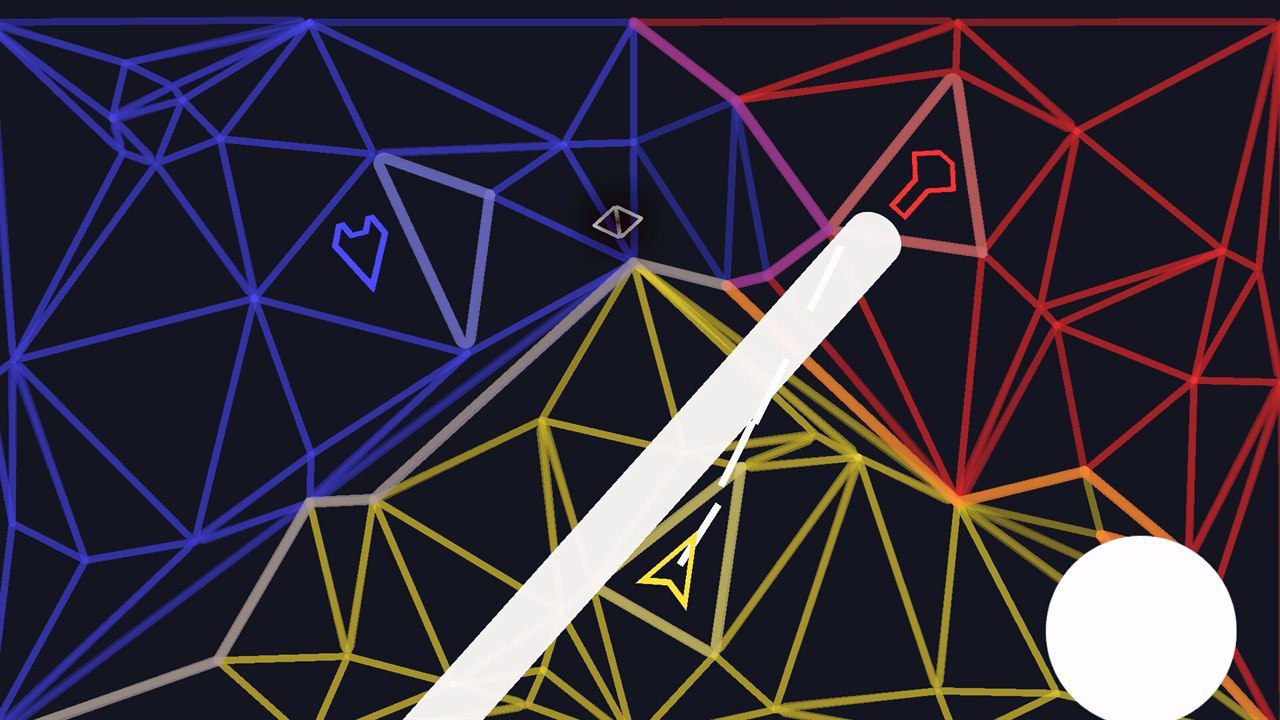 Blue, red and yellow territories share the board while a thick white beam cuts diagonally across all three.