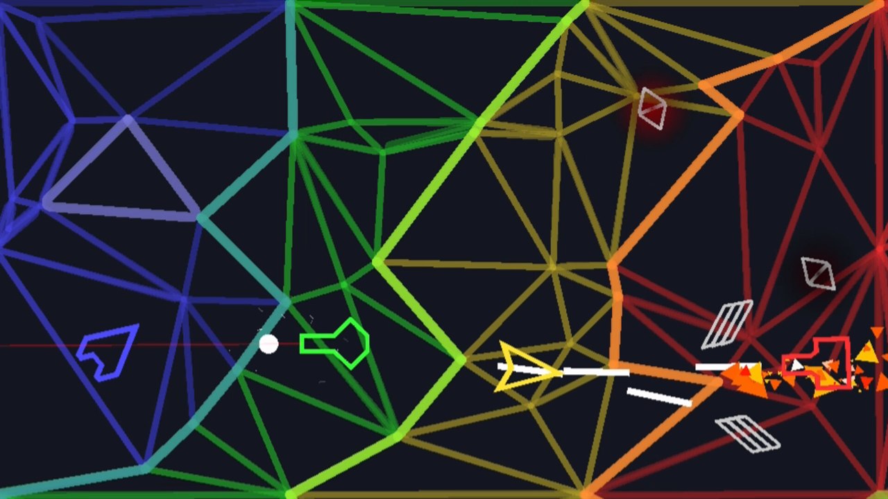 Four territories in blue, green, yellow and red. The yellow ship's beam reaches the red ship at the right edge and detonates.