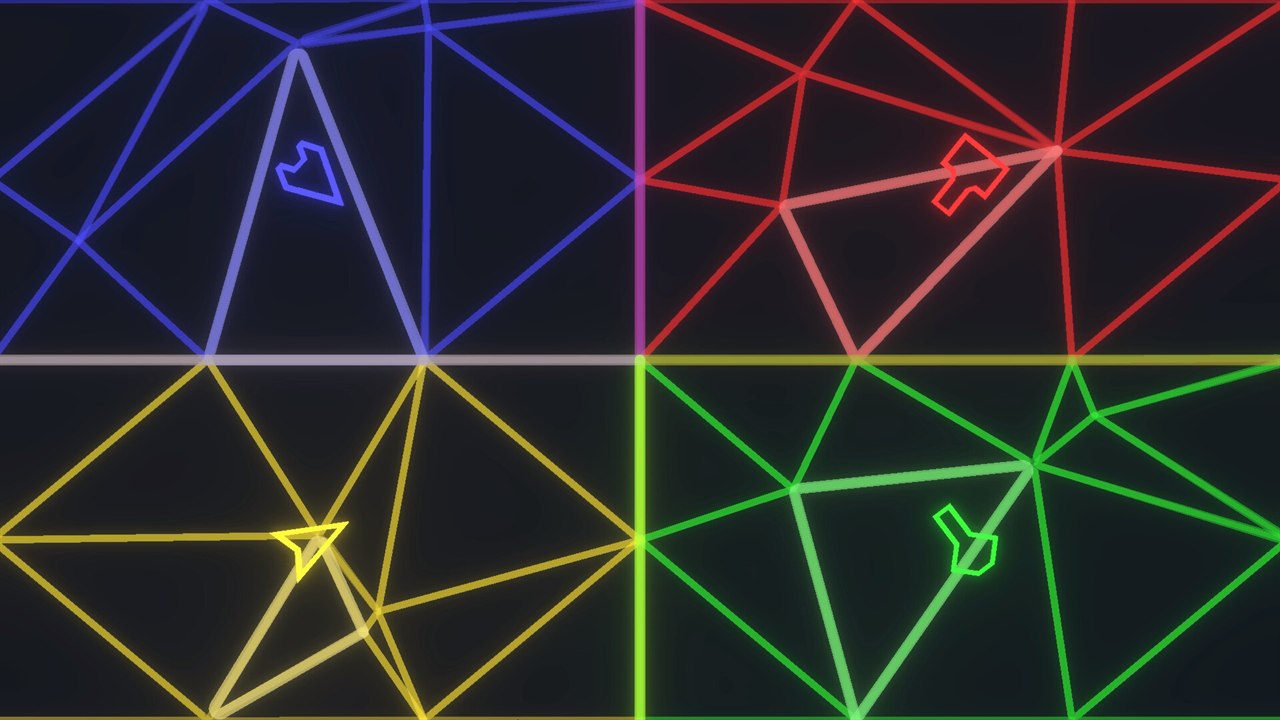 The opening state: four equal quadrants in blue, red, yellow and green, one ship sitting in each.