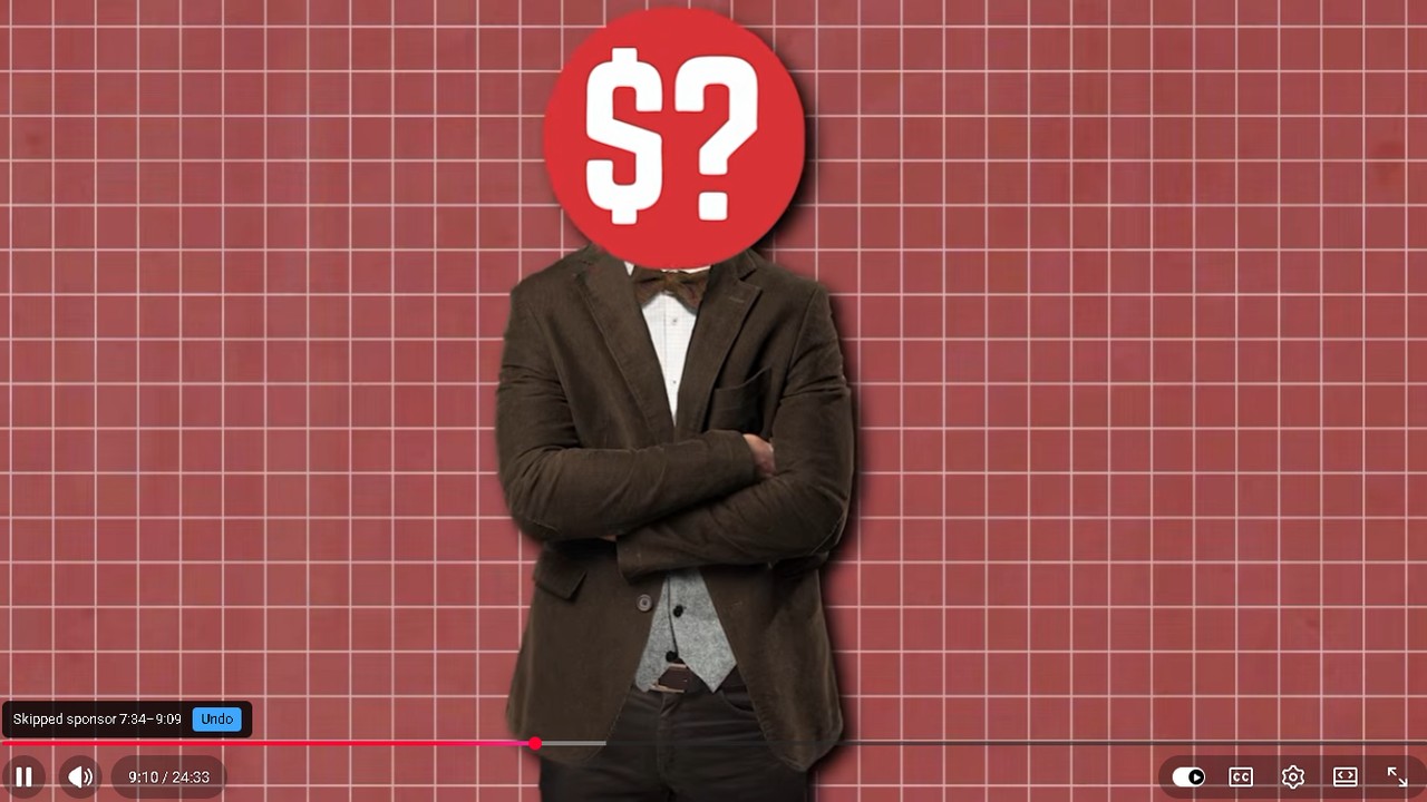 A YouTube player at 9:10 of 24:33, just past a skipped sponsor read. SponsorSkip's status line reads Skipped sponsor 7:34 to 9:09, with an Undo button.